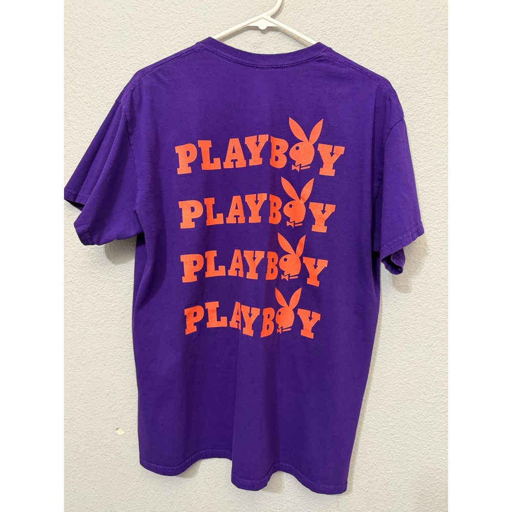 Playboy Mens Tee L Purple Graphic T-Shirt Orange Rabbit Logo Stacked Back Print